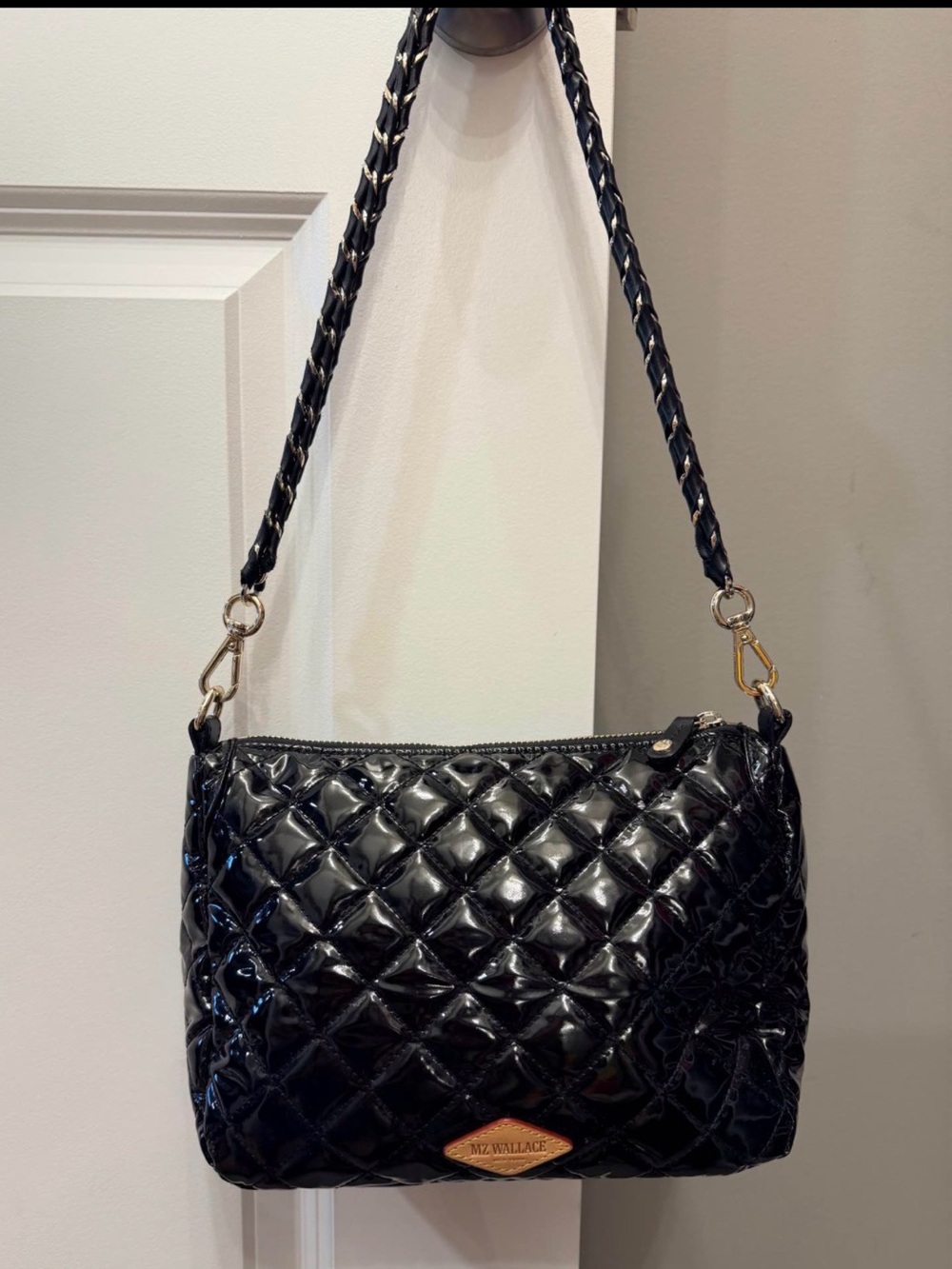 MZ Wallace Black Quilted Patent Shoulder Bag with Braided Strap